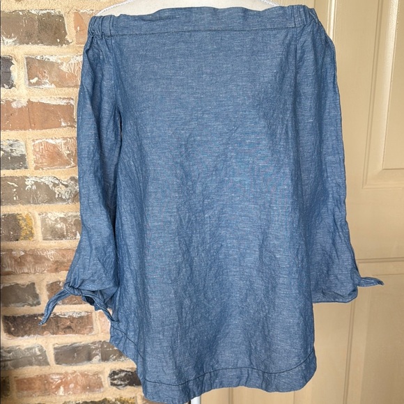 Free People Show Me Some Shoulder Chambray Cotton Linen Denim Off Shoulder Top - Picture 2 of 13